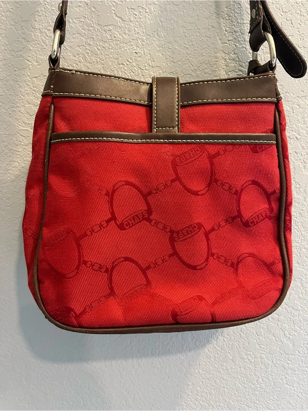 Chaps Red Shoulder Bag with Brown Trim and Buckle Detail